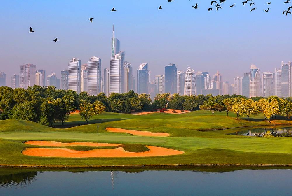 Green, Bunker, Water Hazard, Montgomerie Golf Club Dubai, Dubai, United Arab Emirates